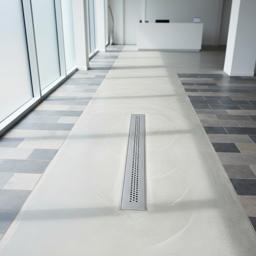 An ultra-clean stainless steel drain cover sits perfectly flush in smooth, freshly mopped concrete surrounded by meticulously arranged stone tiles. The setting is a well-lit commercial interior, with natural light streaming through long, frosted windows casting subtle, linear shadows across the floor. The environment is uncluttered, with emphasis on the drain fixture and its integration into the space. The image is shot from a slightly elevated angle, highlighting the symmetry and precision of the installation, with a sharp depth of field that keeps all details in crisp focus. The mood is orderly and reassuring, projecting professionalism and attention to detail. The visual style is minimalist and corporate, using clean lines and neutral, balanced colors.