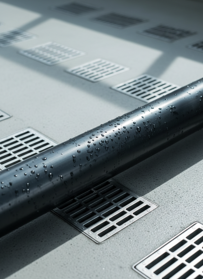 A highly detailed close-up of an industrial-grade, jet-black PVC drainage pipe section, showing subtle water droplets beading on the smooth surface. The pipe is positioned diagonally against a background of clean, pale concrete flooring with crisp geometric drainage grids. Cool, diffused daylight from overhead skylights softly illuminates the scene, creating gentle reflections on the pipe's curve and defined, shadowed edges on the floor. The mood is calm and professional, emphasizing efficiency and reliability. The composition is eye-level and center-focused, using rule of thirds for balance, with sharp focus throughout. The style is photographic realism, featuring a clean, structured layout with neutral tones, projecting a modern, corporate aesthetic ideal for a drainage company’s website hero image.
