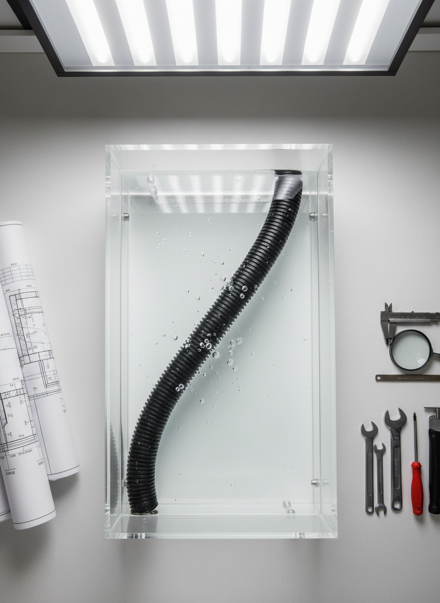 A high-resolution overhead image of a clear acrylic drainage test chamber, filled with pristine water and containing dark, flexible piping running diagonally through. The chamber is set on a matte white technician’s bench with neatly arranged blueprints and precision tools arrayed alongside. Bright, neutral artificial lighting from an overhead source eliminates harsh shadows, evenly illuminating the scene. The mood is analytical and reassuring, emphasizing technical capability and thorough investigation. The bird’s-eye perspective ensures a structured, balanced composition, drawing focus to both the clarity of the equipment and the organized workspace. The style is photographic realism with a clean and modern corporate aesthetic, ideal for visually representing expert CCTV drain surveys.